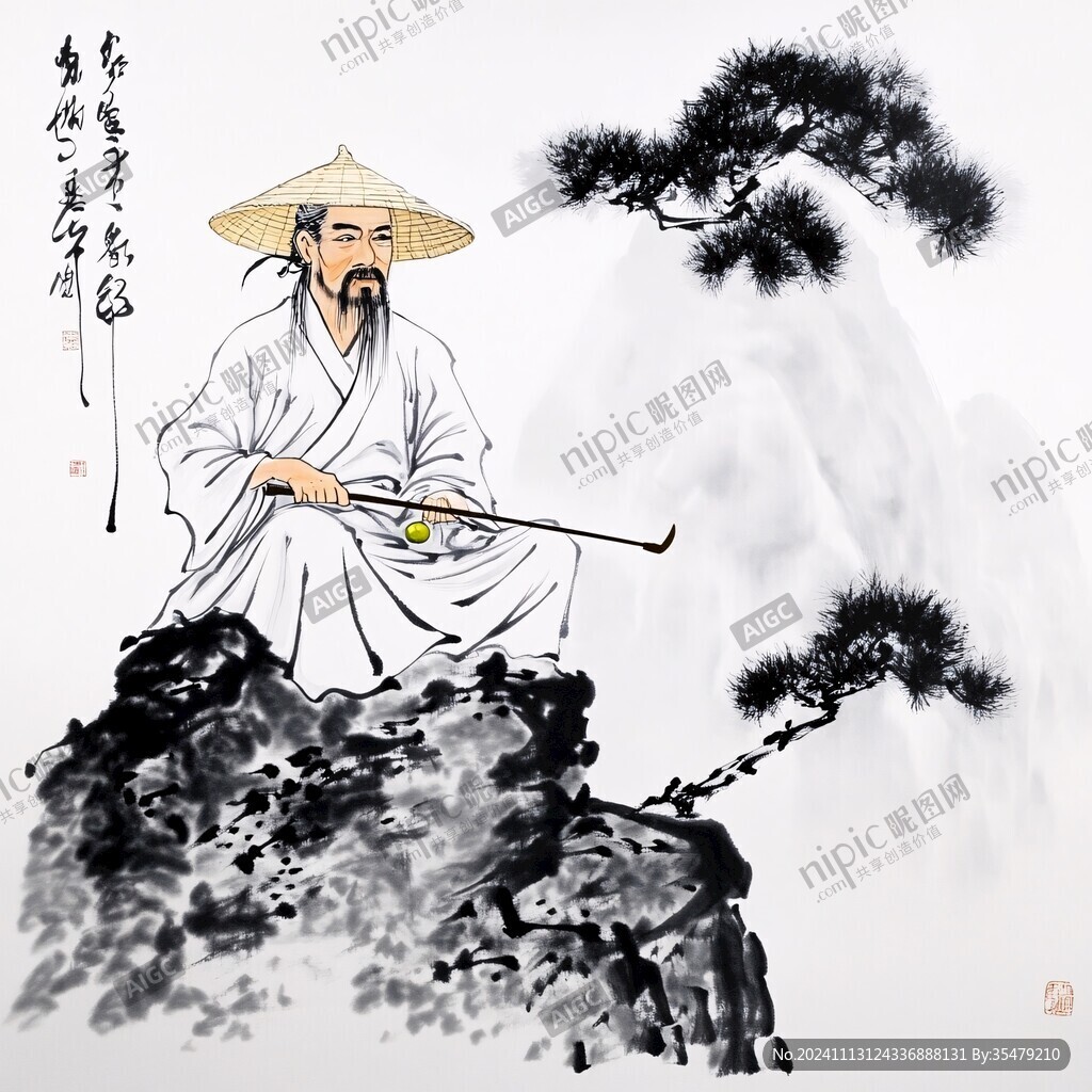 禪意迎客松水墨畫