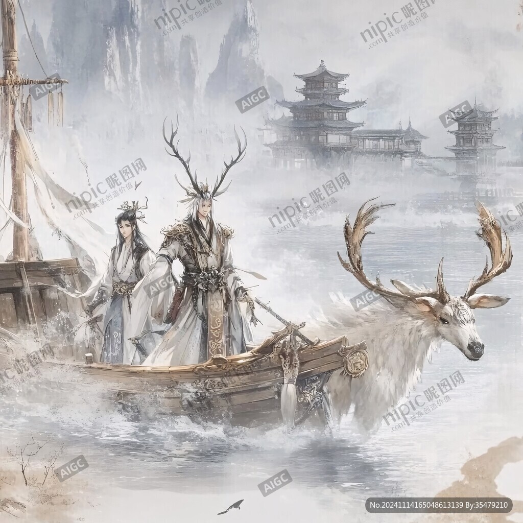 樓閣古風(fēng)仙鹿仙景