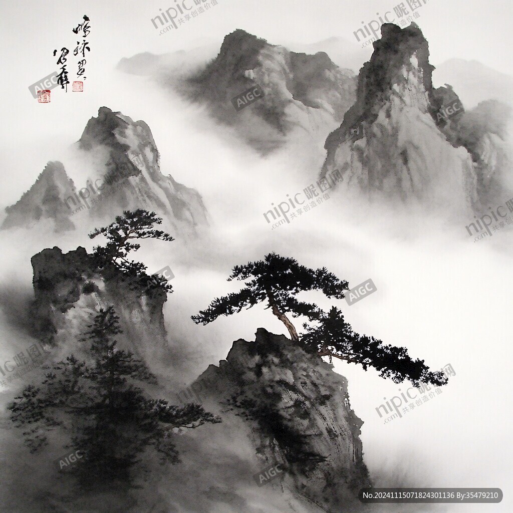 水墨迎客松遠(yuǎn)山