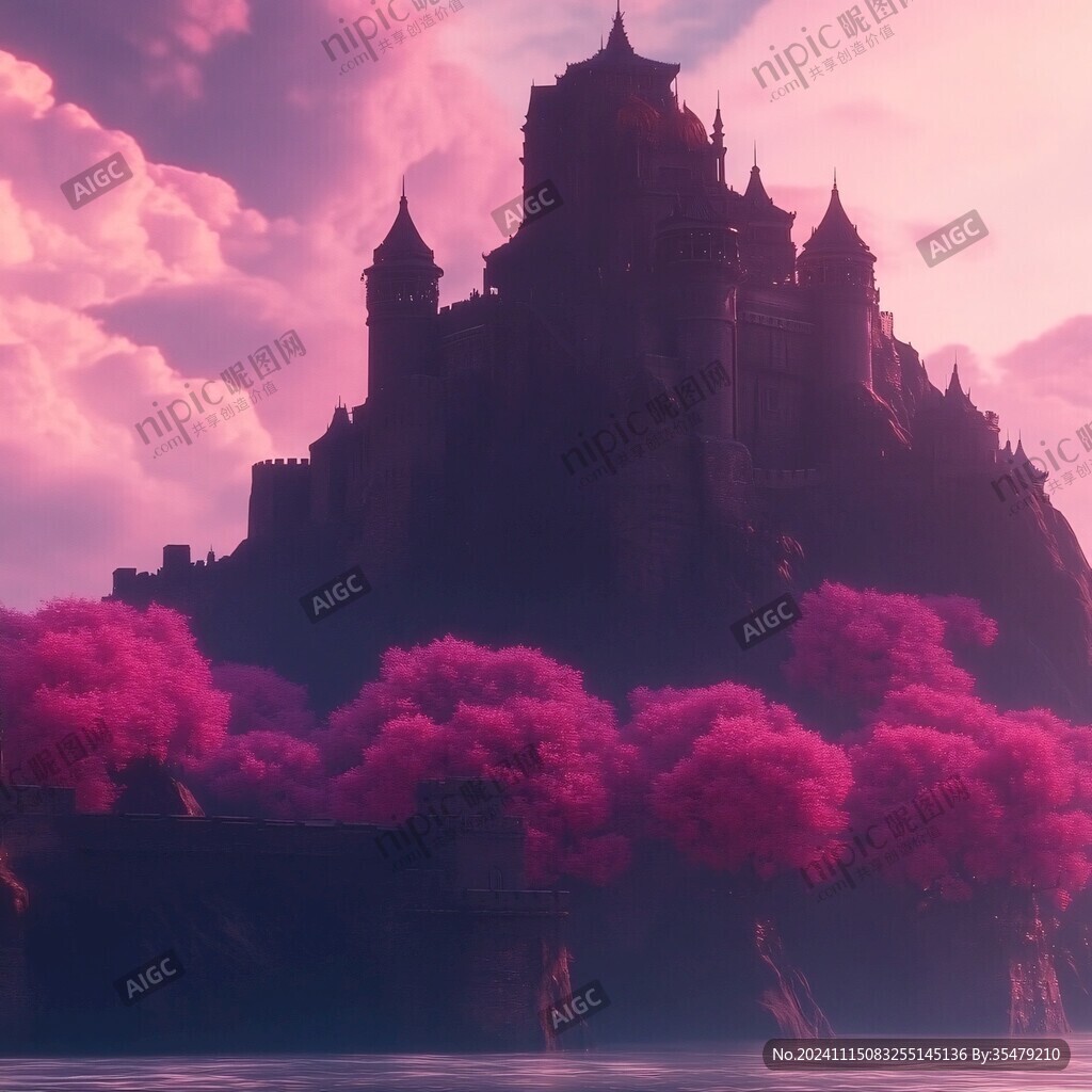 粉色超現(xiàn)實(shí)主義奇幻景觀漂浮城堡