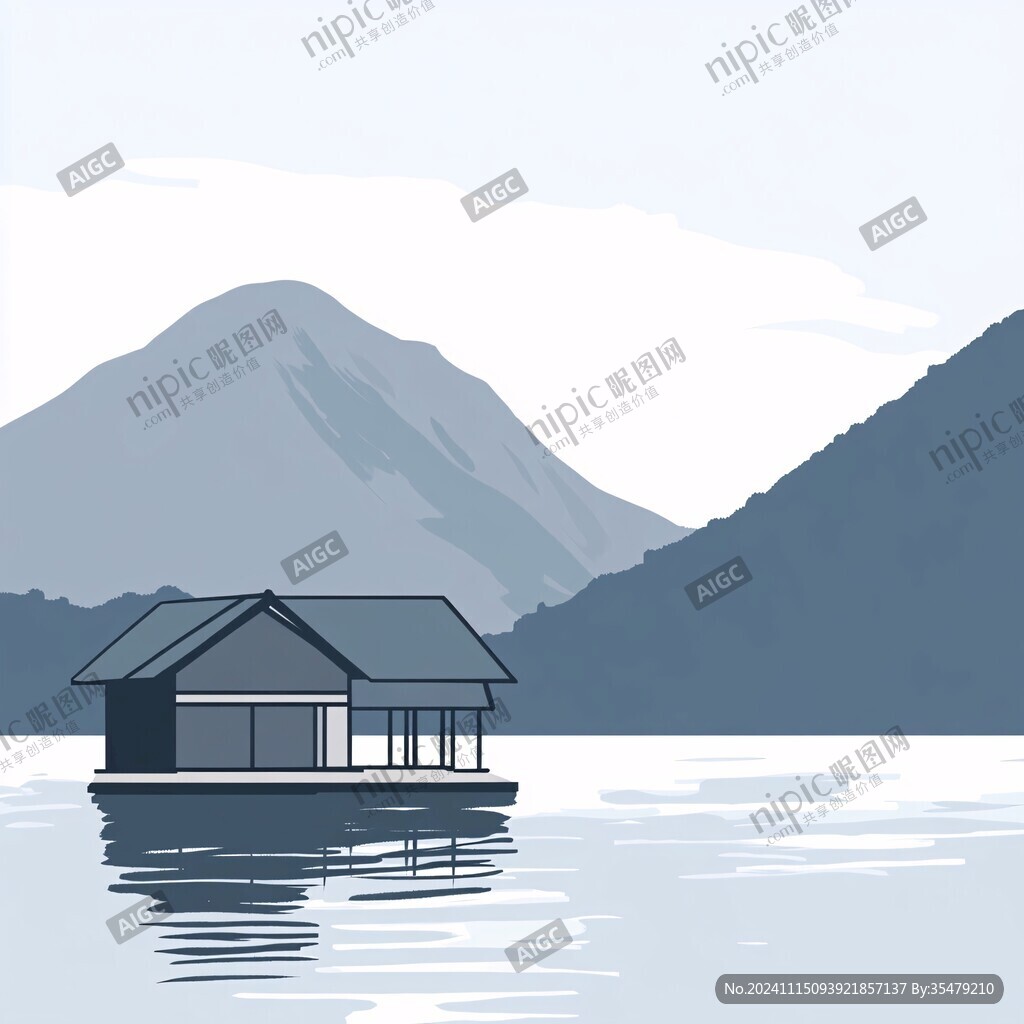 插畫山水湖