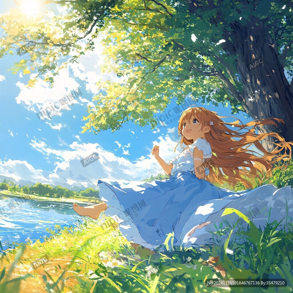 春天溪邊風景少女