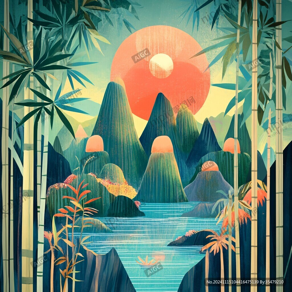 山水竹林插畫