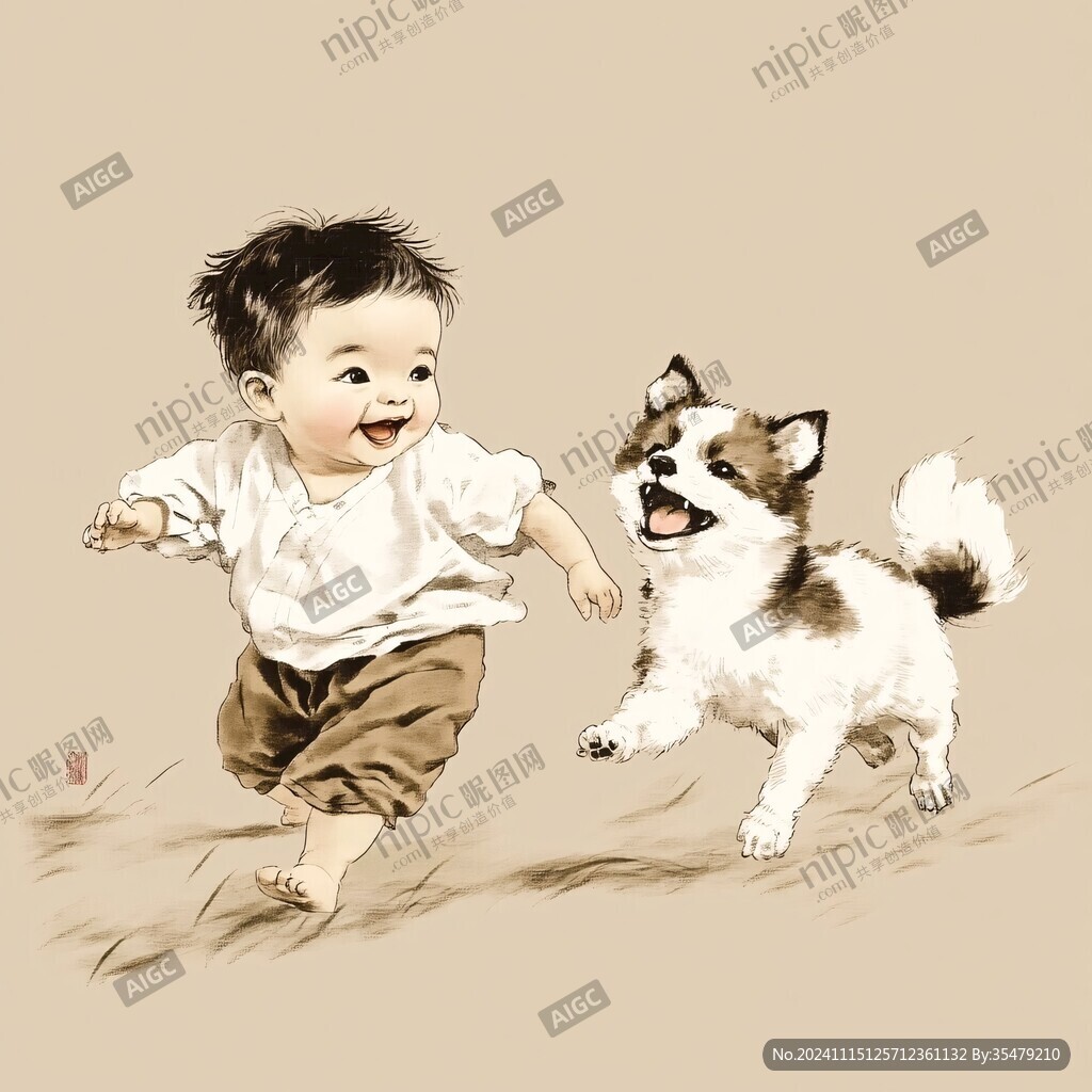小孩牽狗插畫