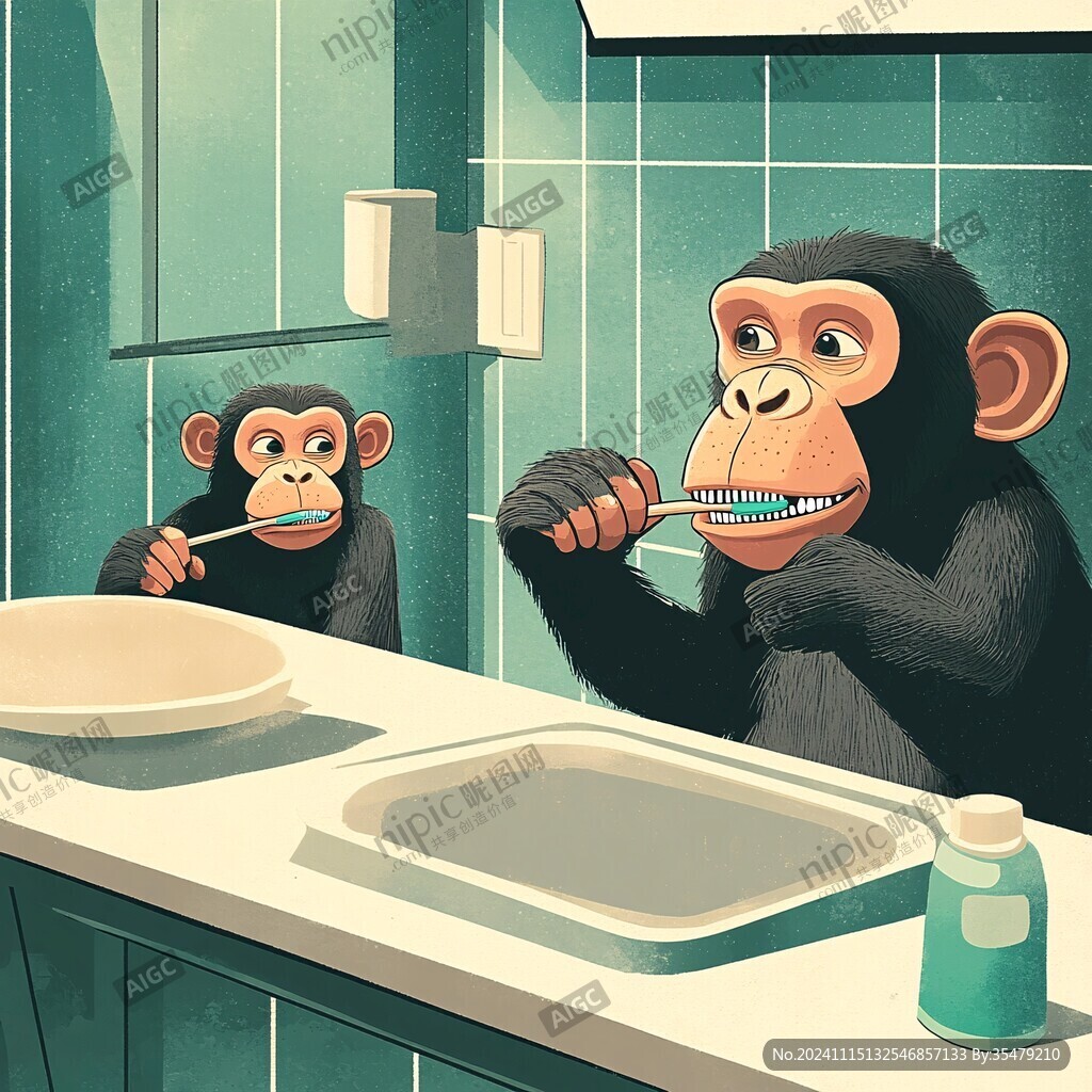 卡通動物刷牙
