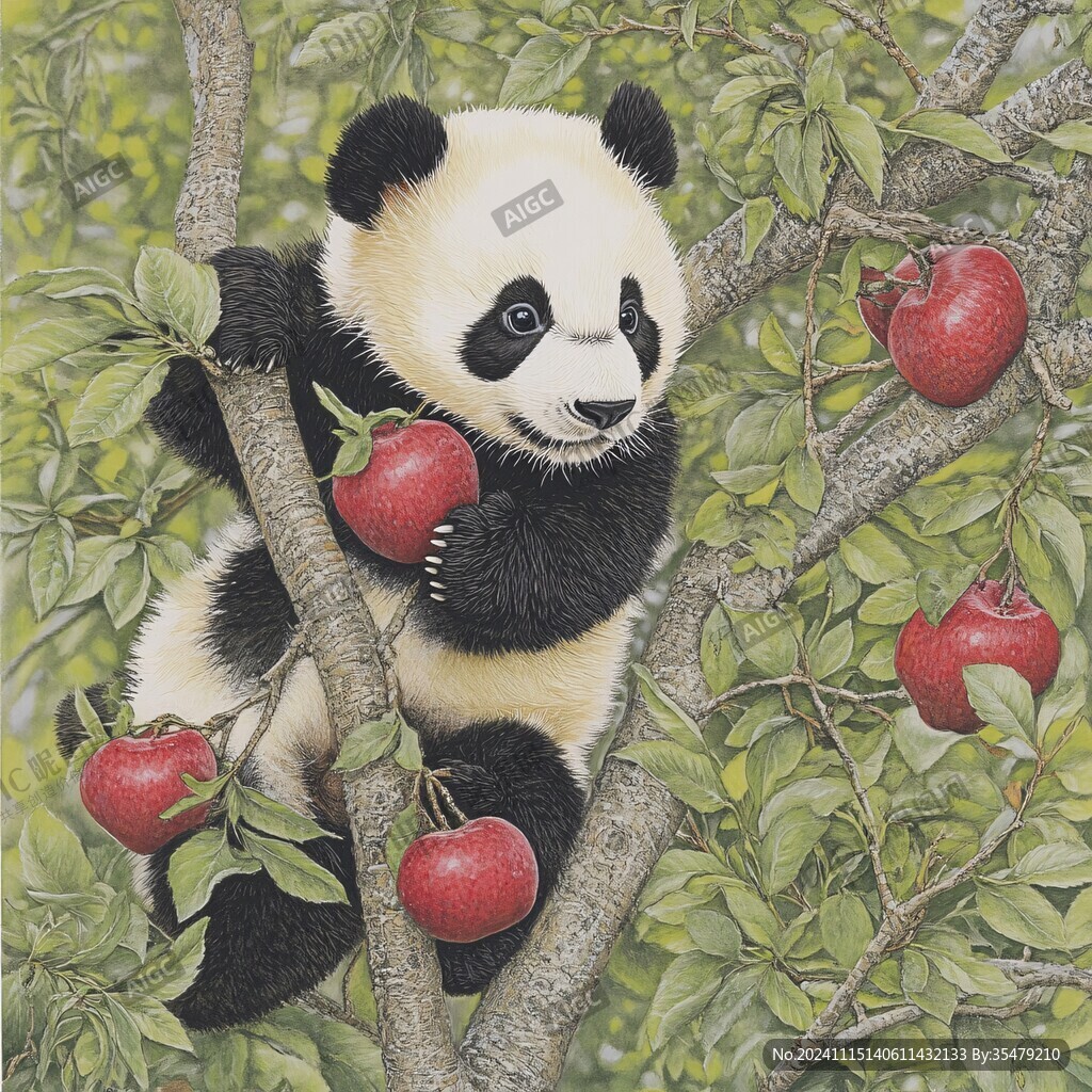 吃蘋果的熊貓插畫
