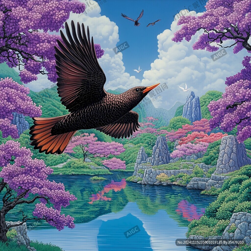 松石綠地桃紅春燕圖