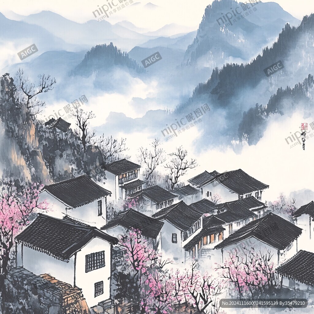 江南春季山水插畫