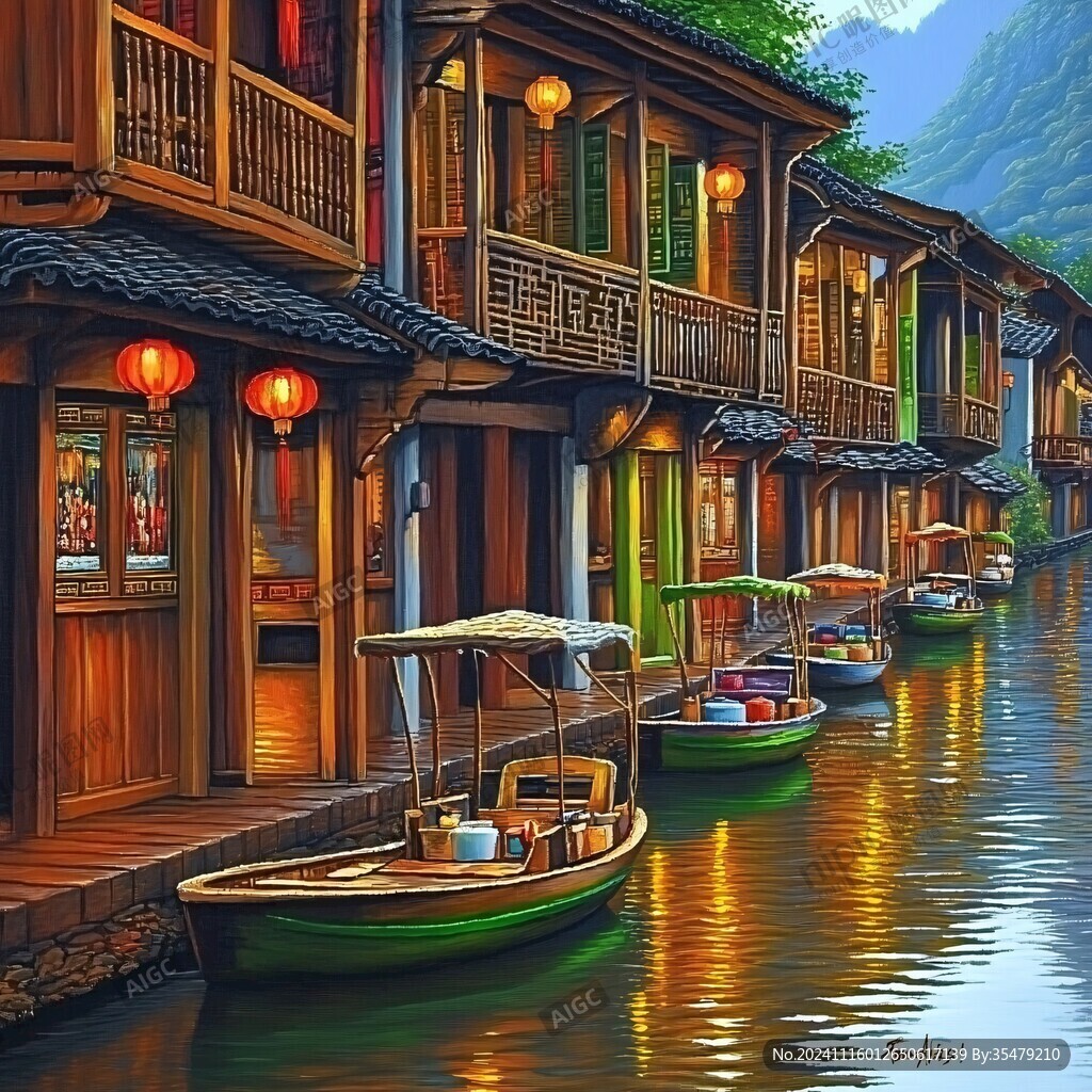 江南古鎮(zhèn)油畫效果