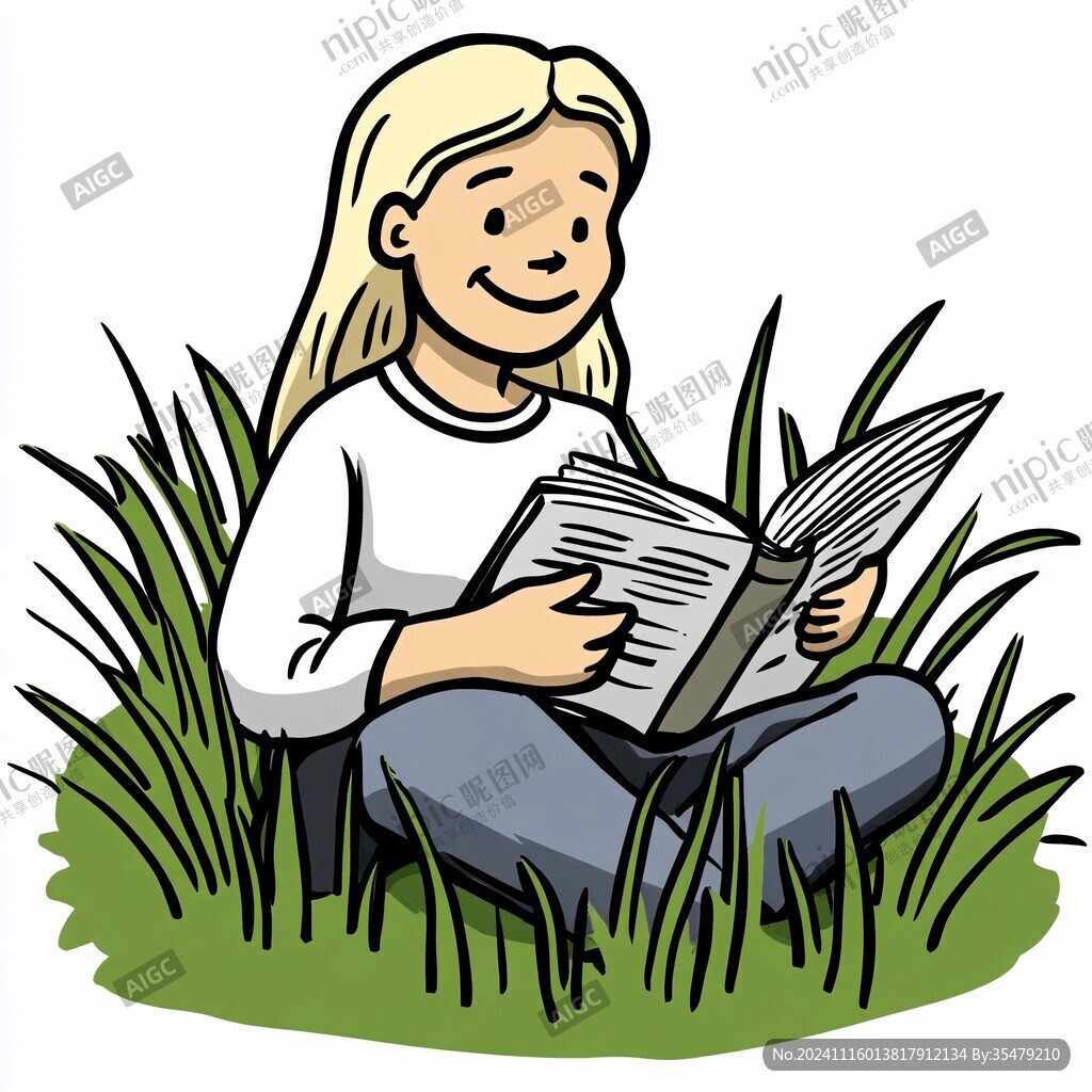 坐在草地上看書的女孩