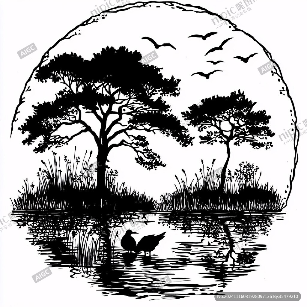 圓形松鶴延年插畫