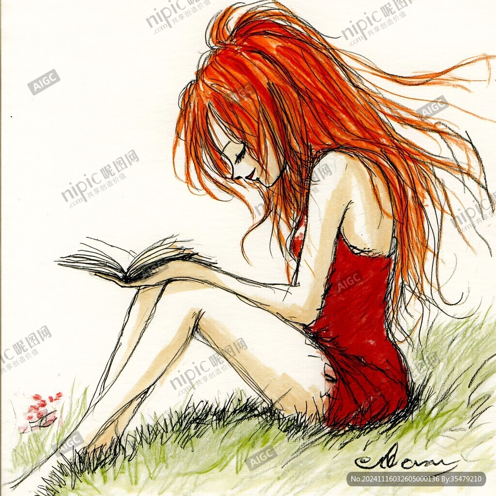 女孩讀書手繪