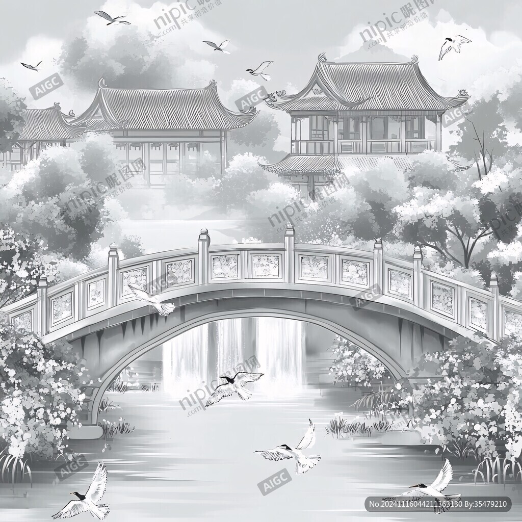 古風(fēng)柳葉亭子橋梁插畫