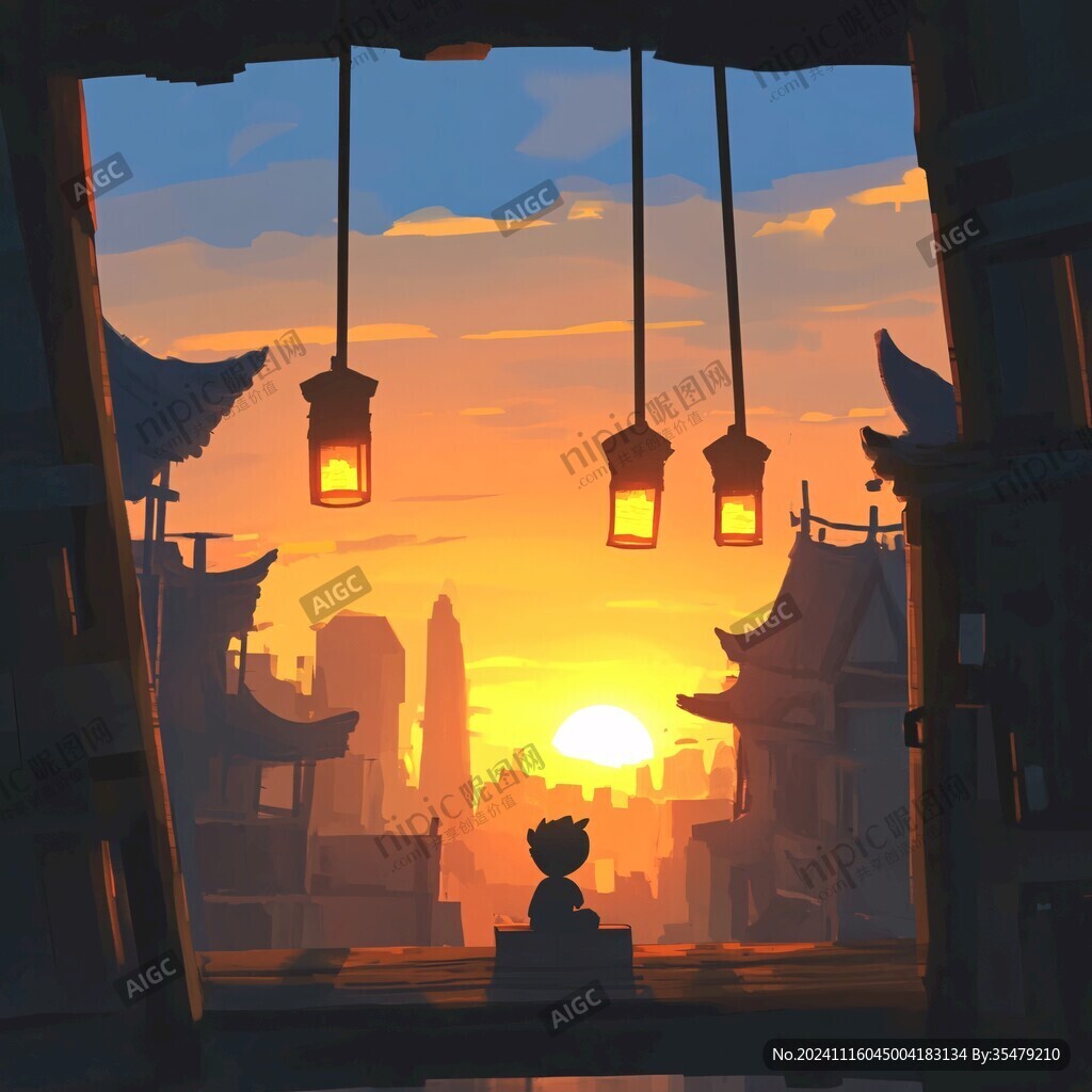 插畫城市夕陽