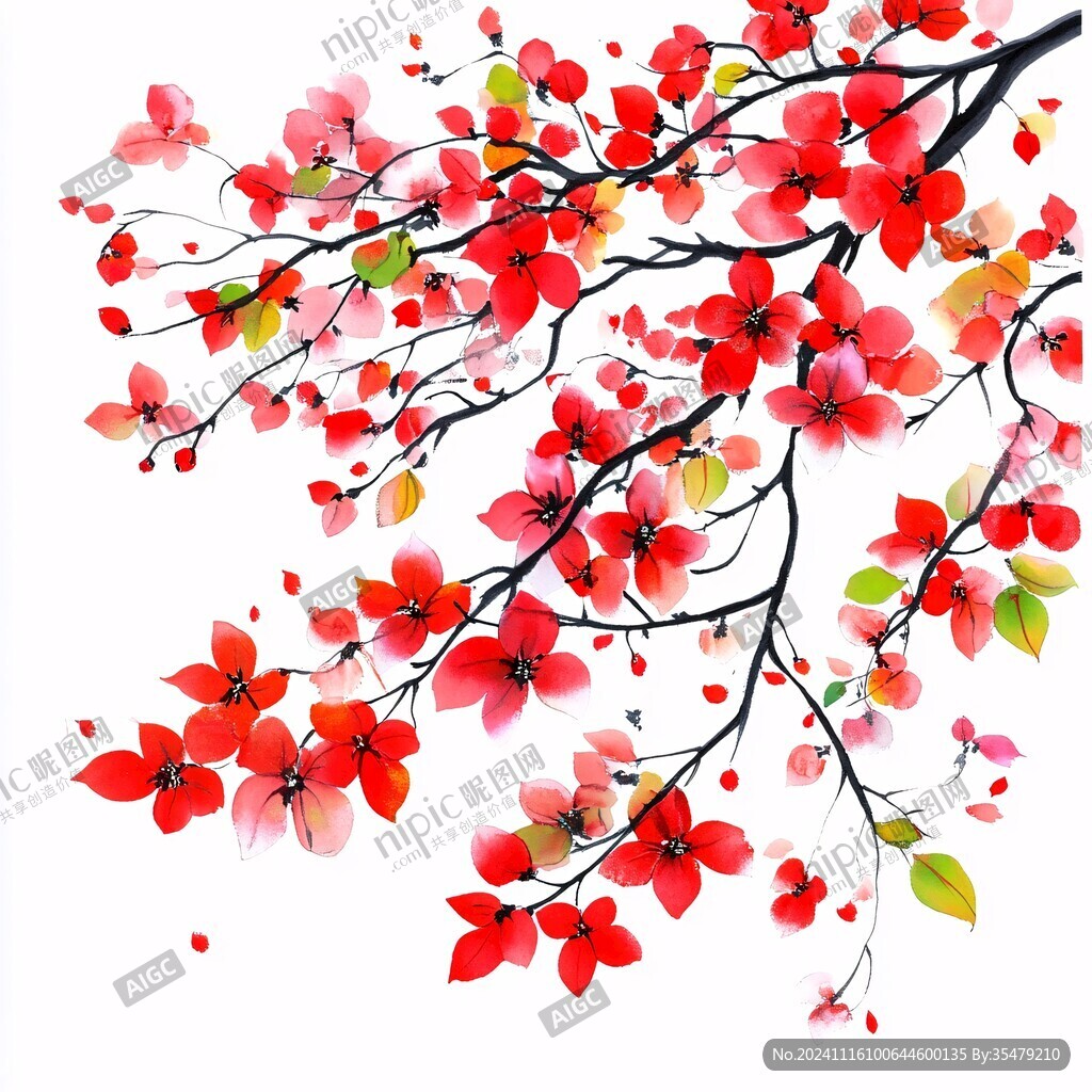 手繪水彩映山紅插畫