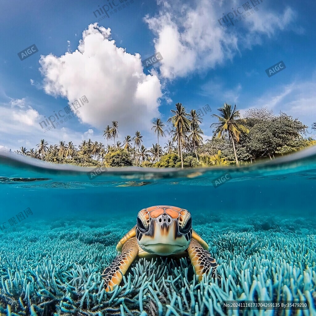 碧綠小龜蔚藍色大海