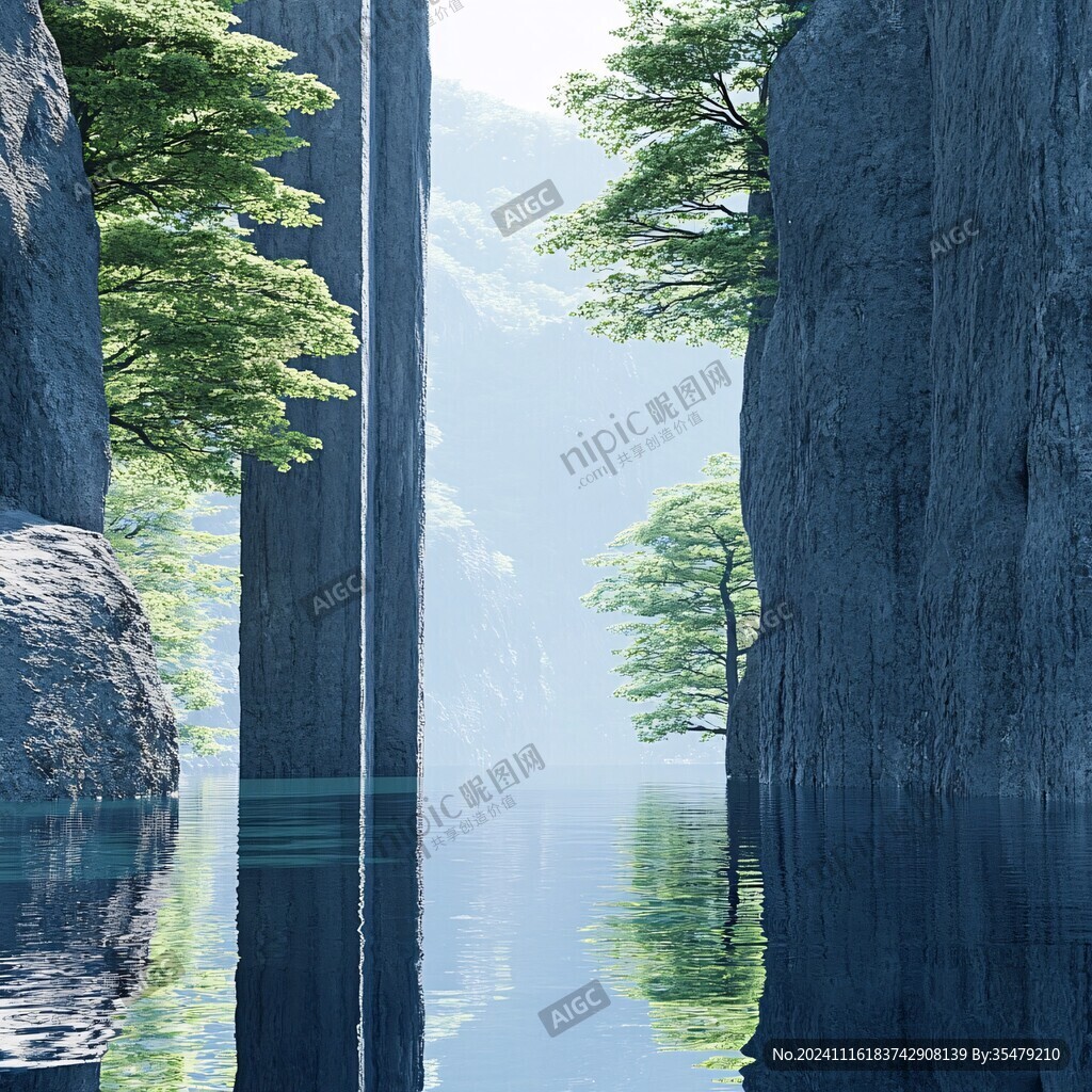 禪境山峰湖泊河流鹿樹