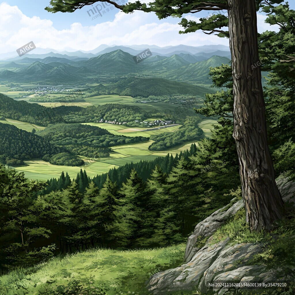 手繪森林山峰草地