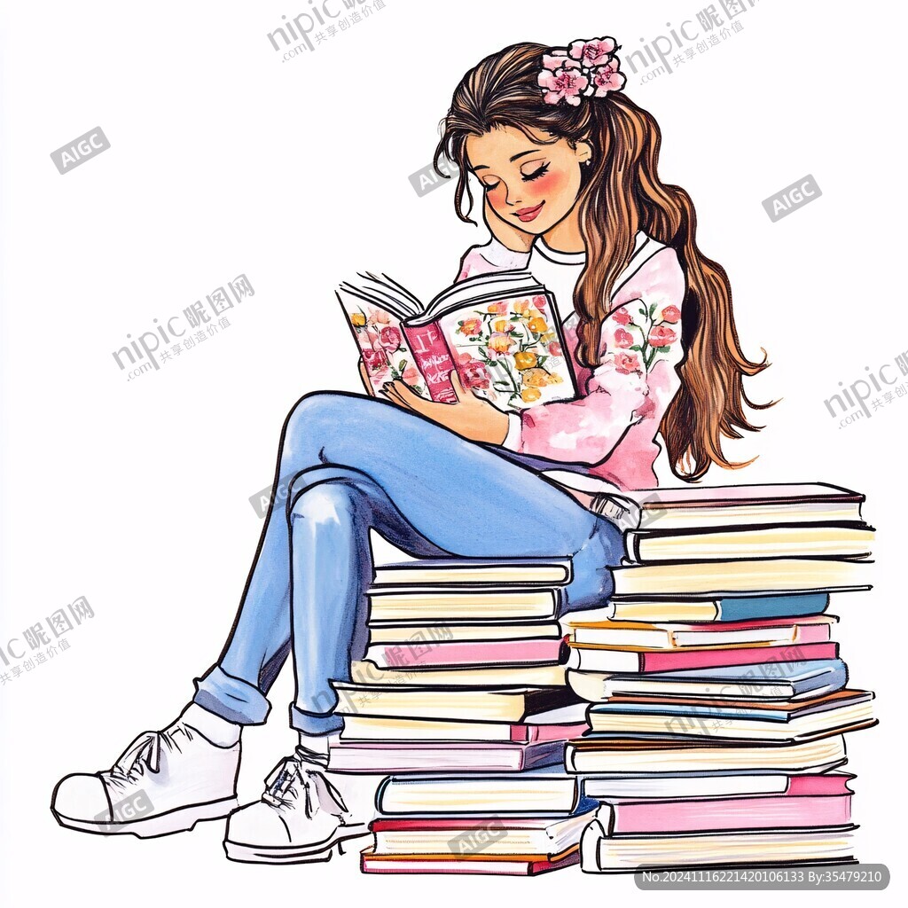 讀書的女孩卡通手繪