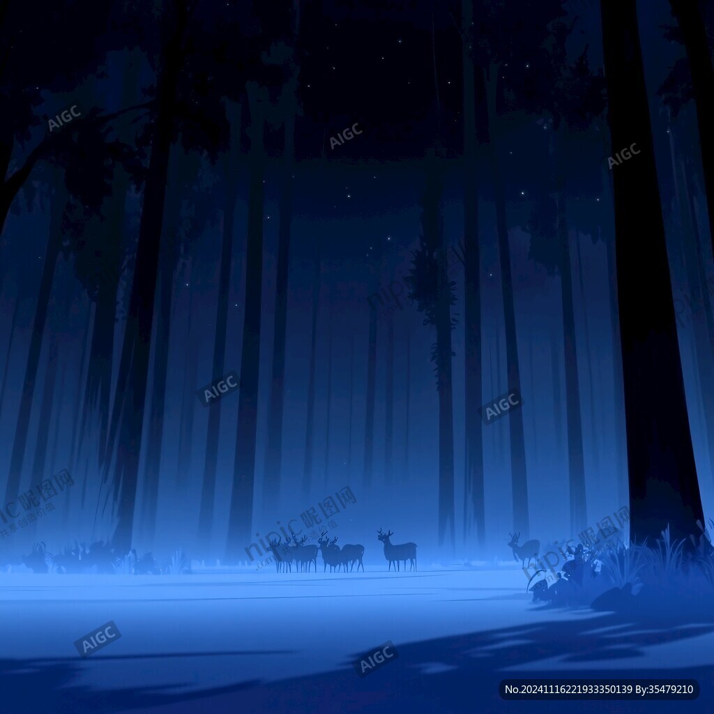 森林梅花鹿石頭夜景