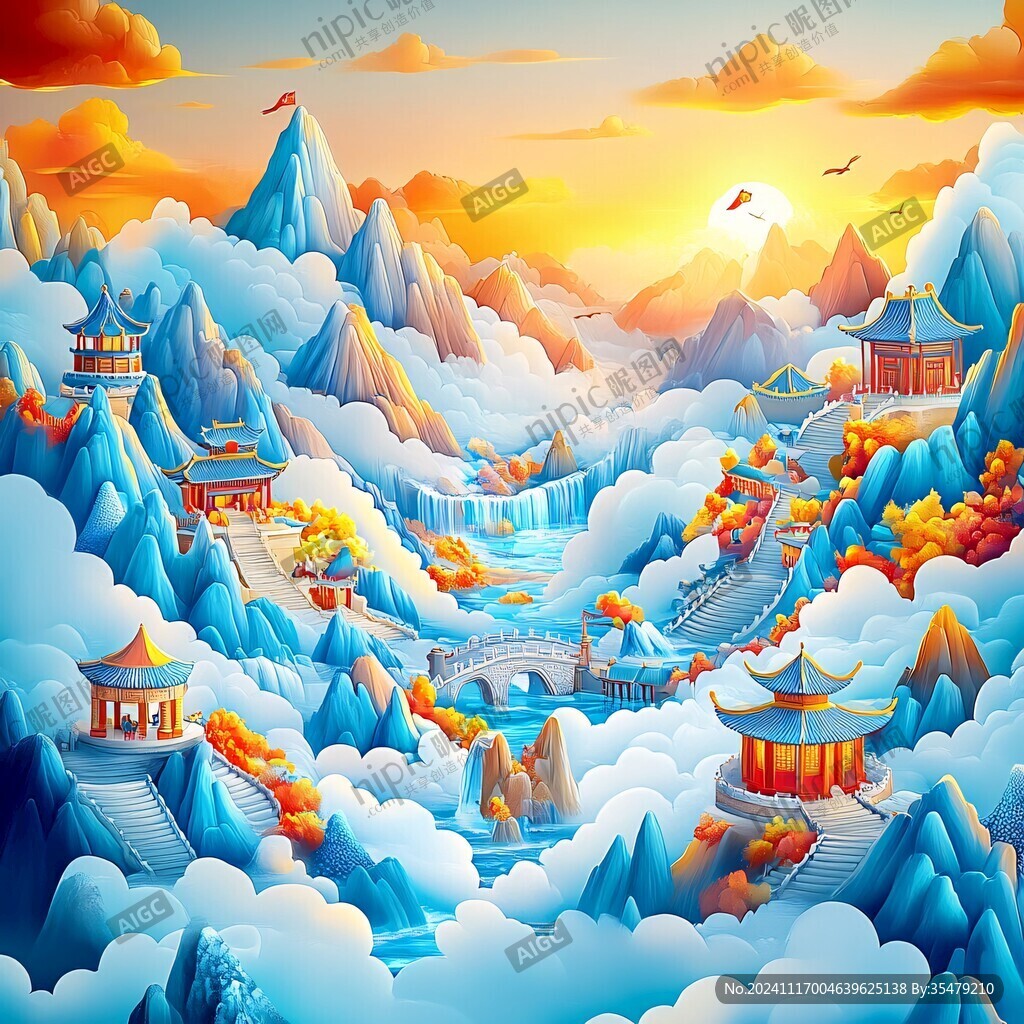 精細國潮山水插畫