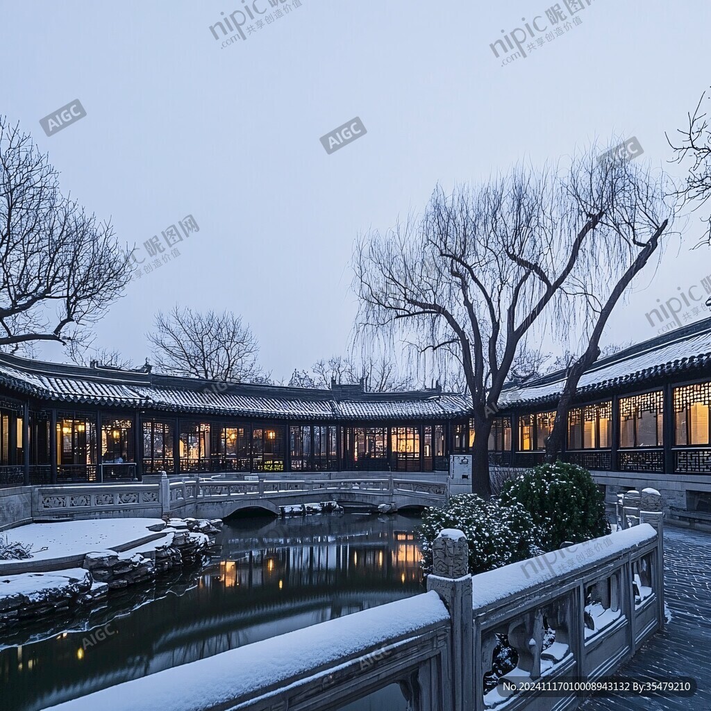 中式古典園林雪景