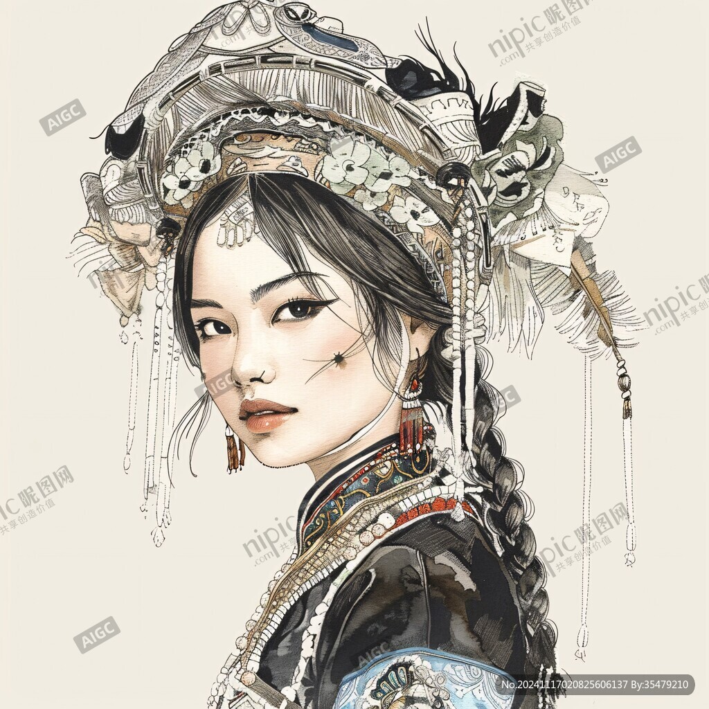 手繪彝族美女
