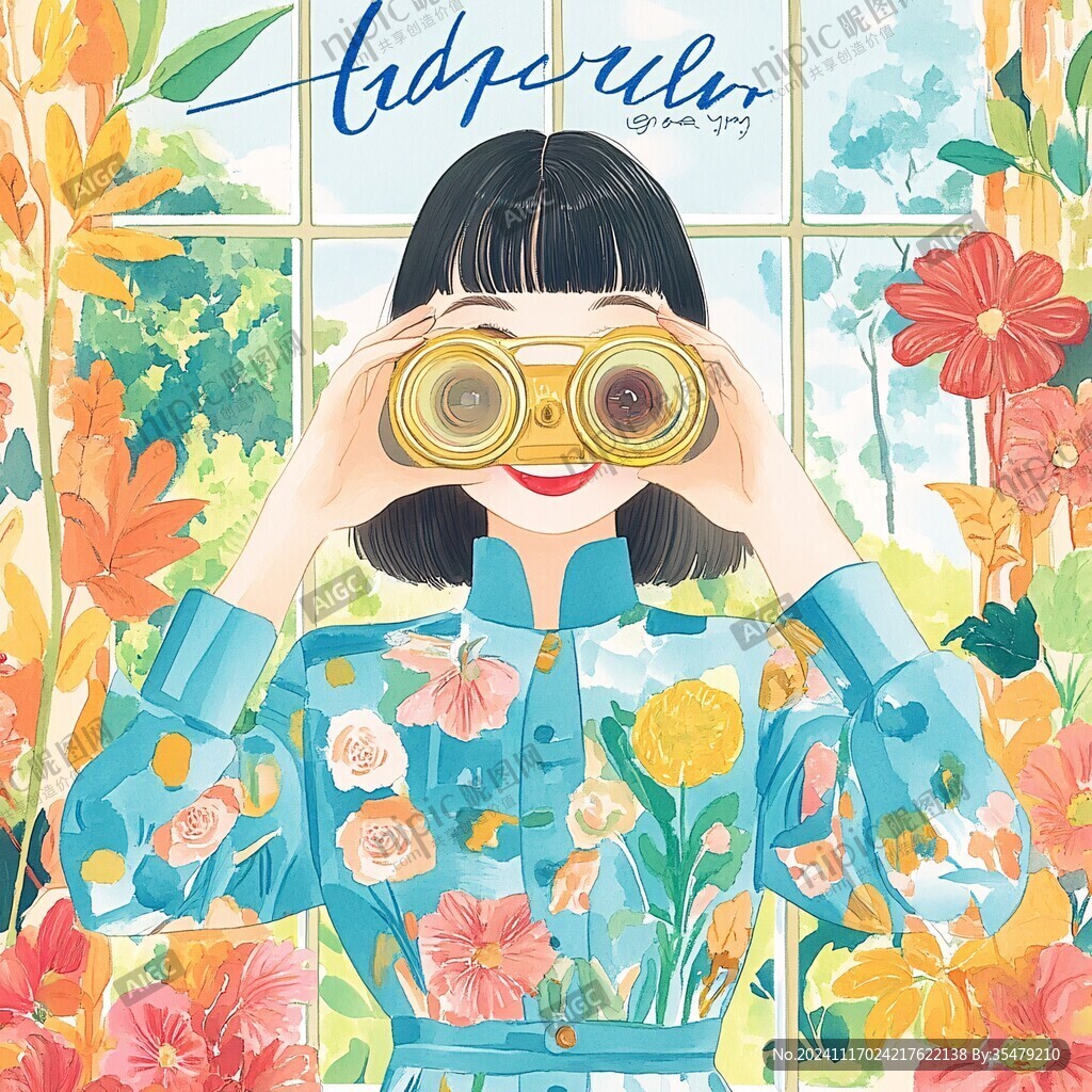 手繪花房女孩插畫