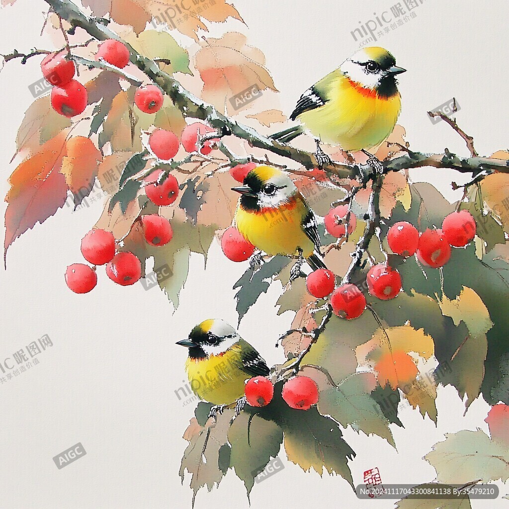 手繪黃鸝紅葉