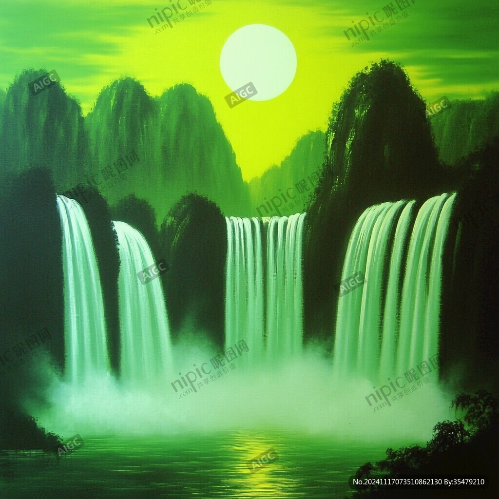 招財瀑布山水畫