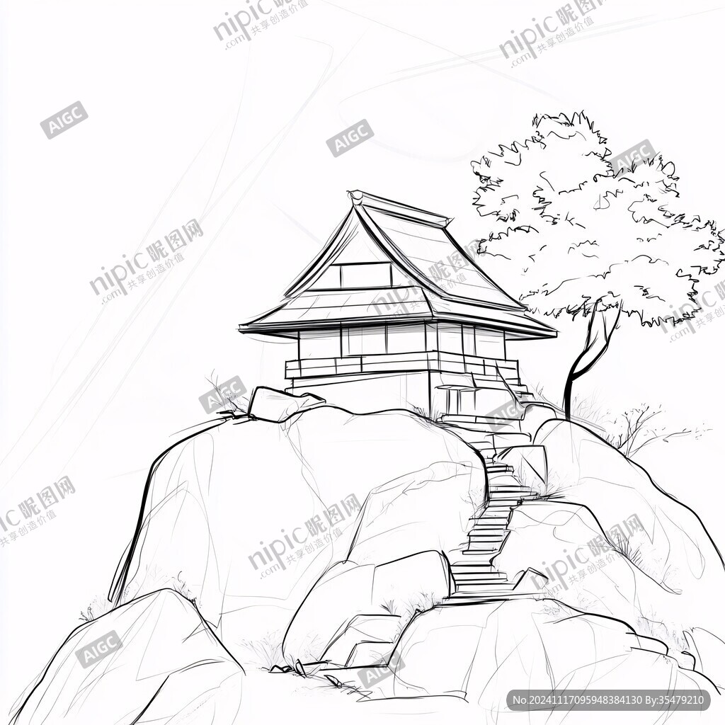 手繪線描山水樓閣亭臺