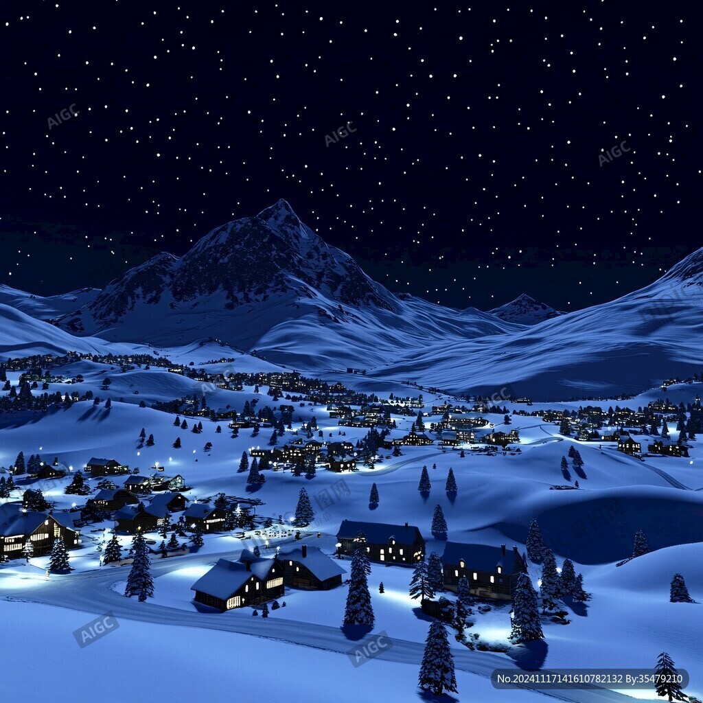 冬季雪村夜晚