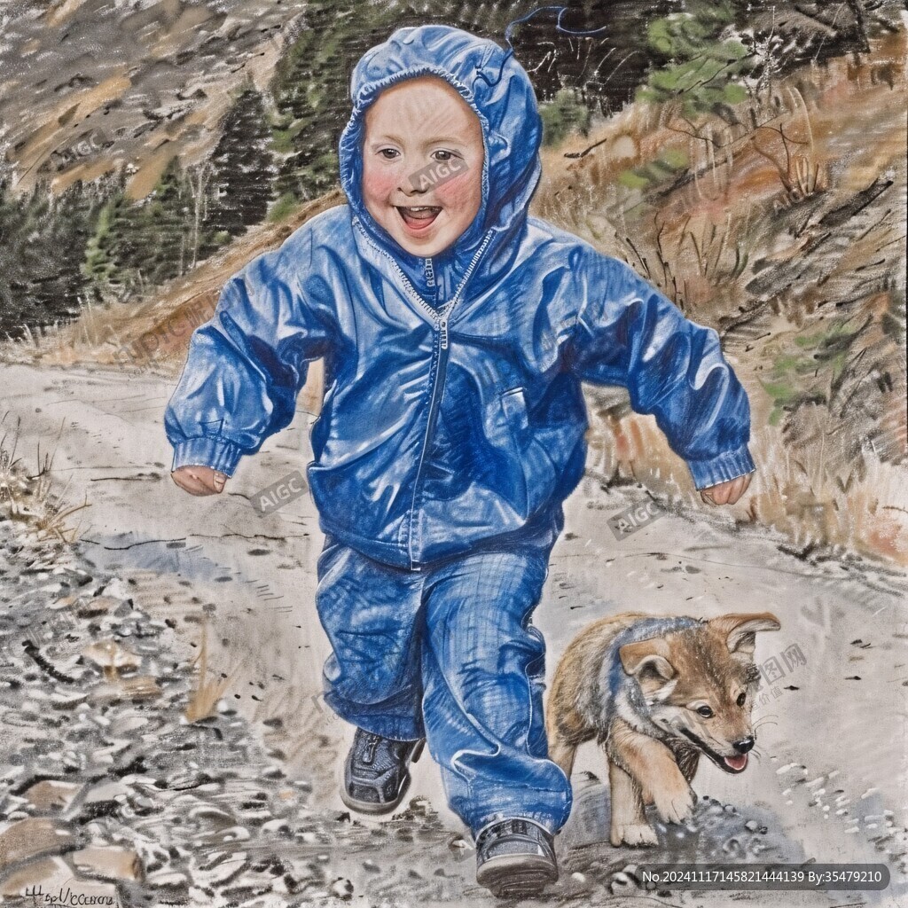小孩牽狗插畫