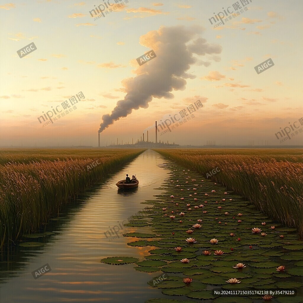 流水風(fēng)光蘆葦湖泊畫意