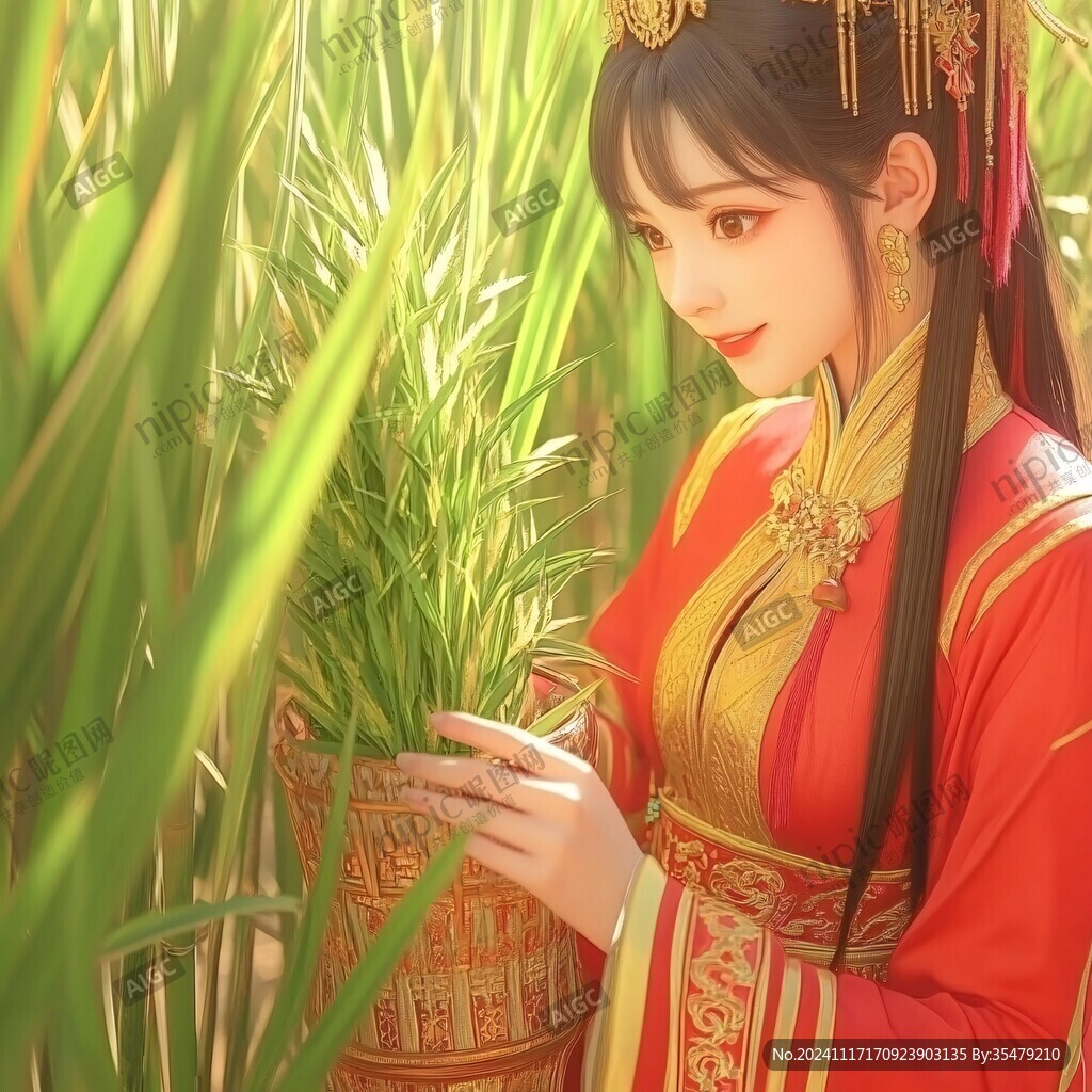 抱稻谷的女孩