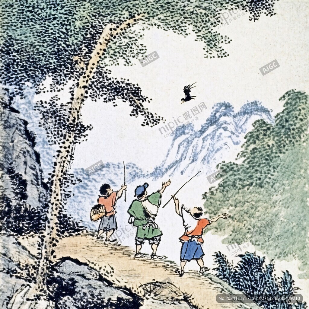 國畫捉天牛的小孩