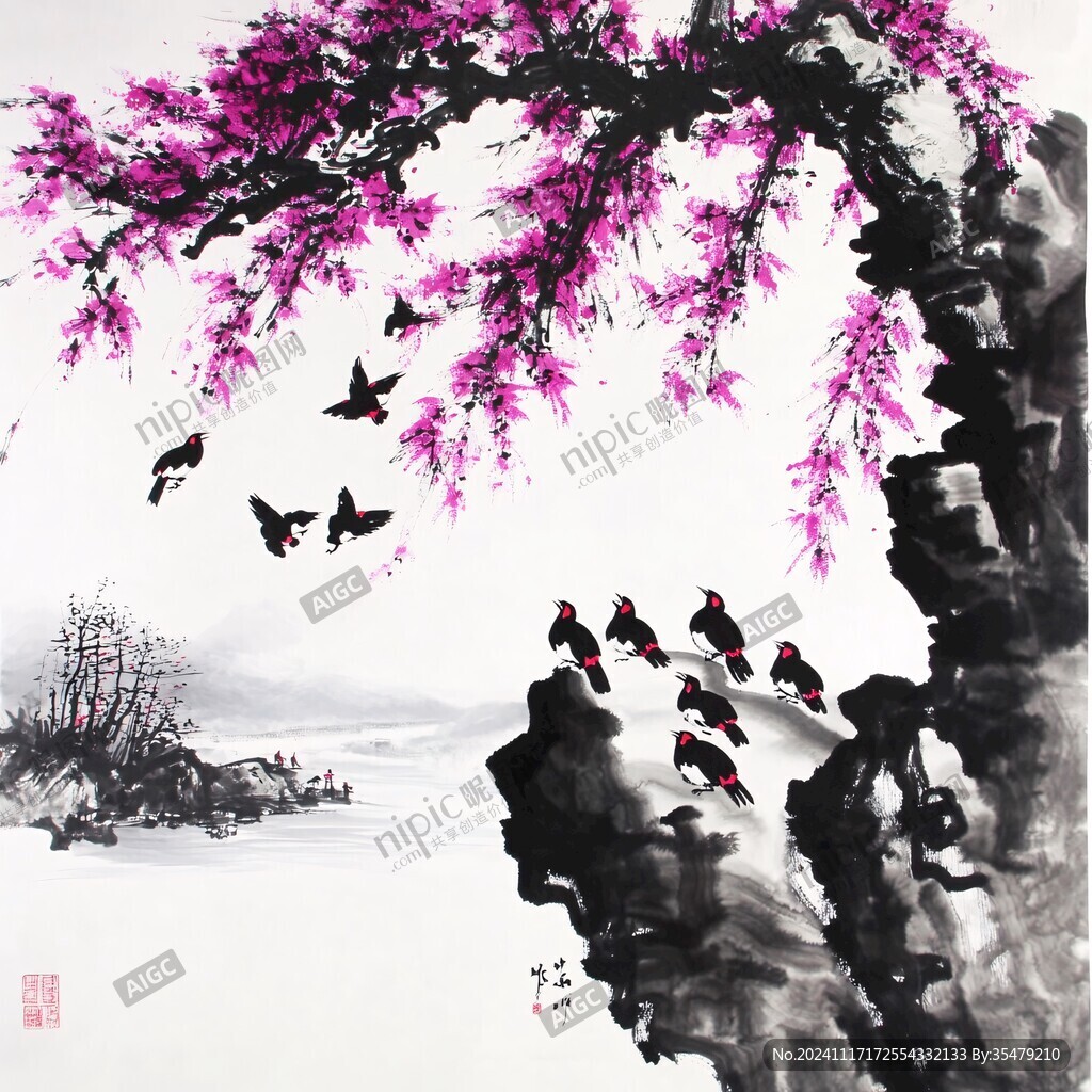 桃紅春燕圖