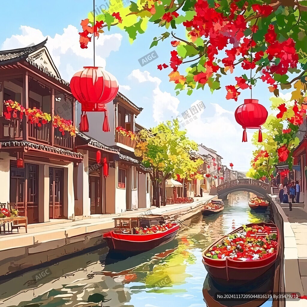 山水畫江南水鄉紅燈籠