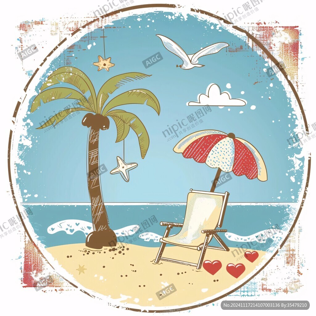 手繪熱帶海灘曬太陽