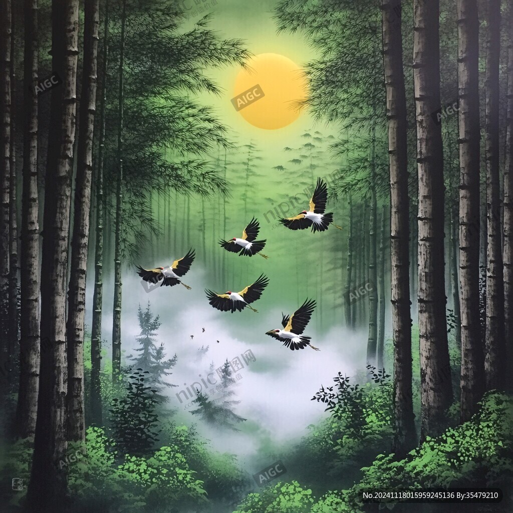 竹林飛鳥插畫