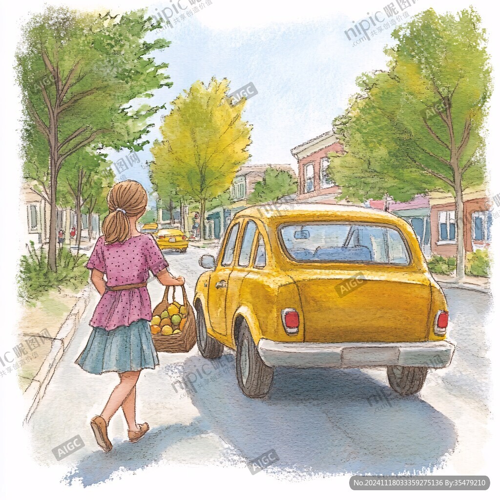 手繪女孩坐車