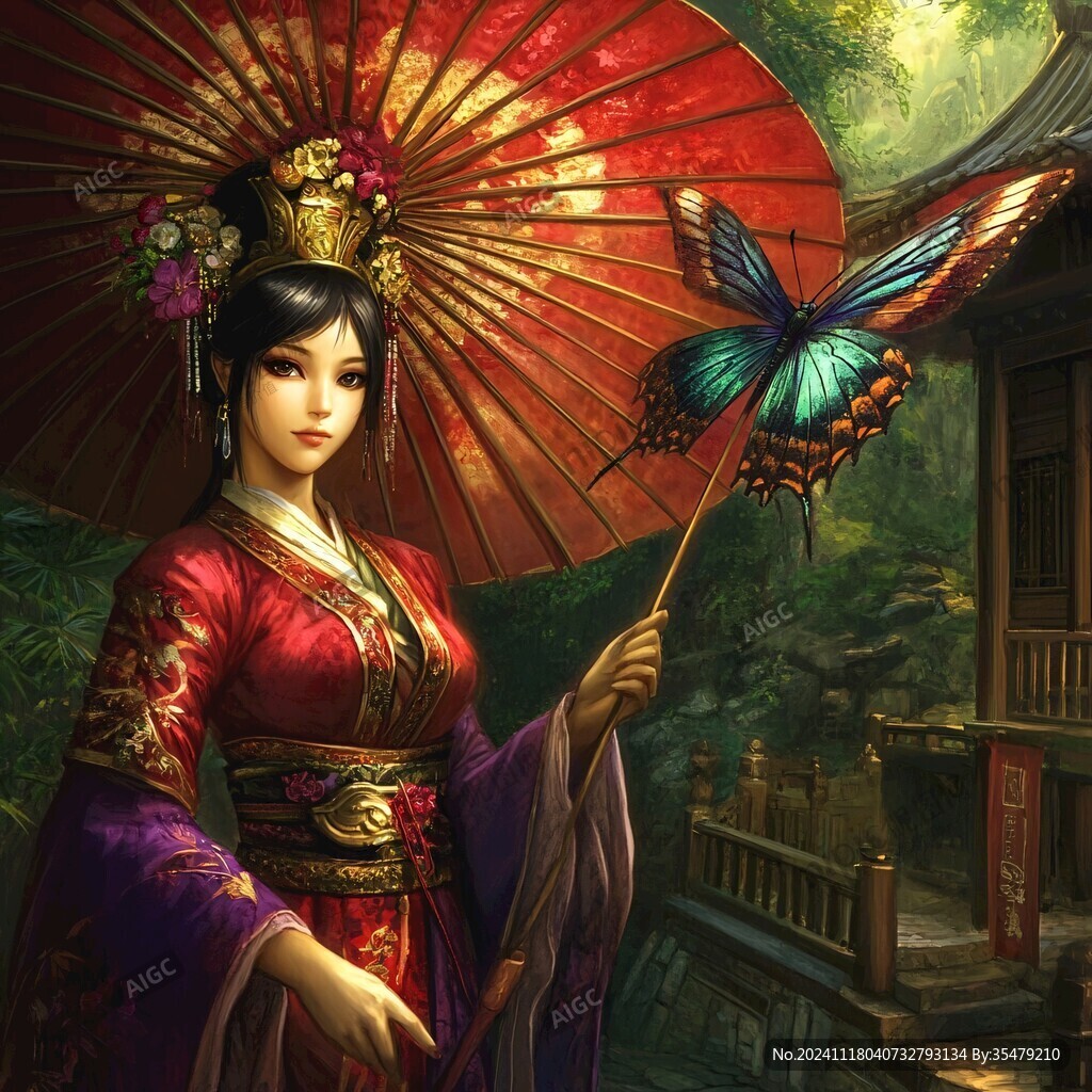 帶傘古代美少女圖