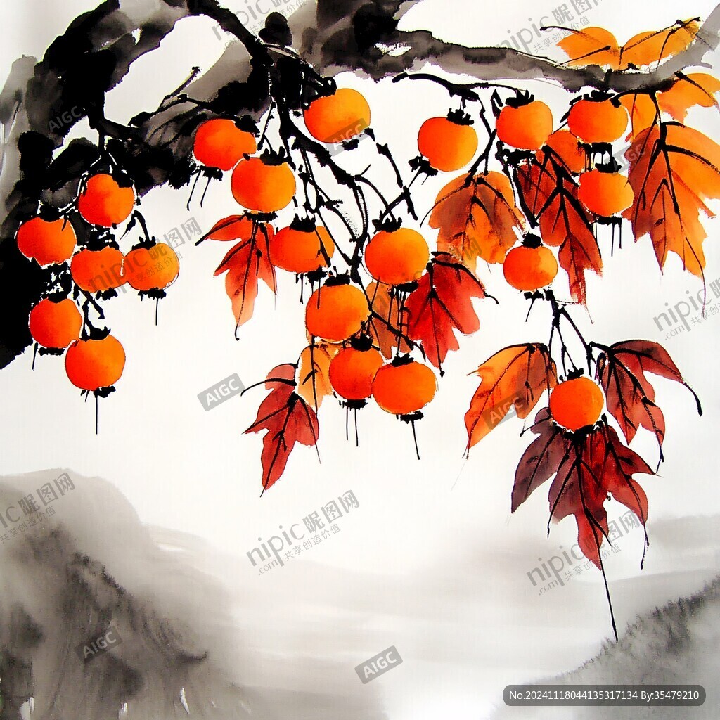 寫意國(guó)畫柿子樹(shù)