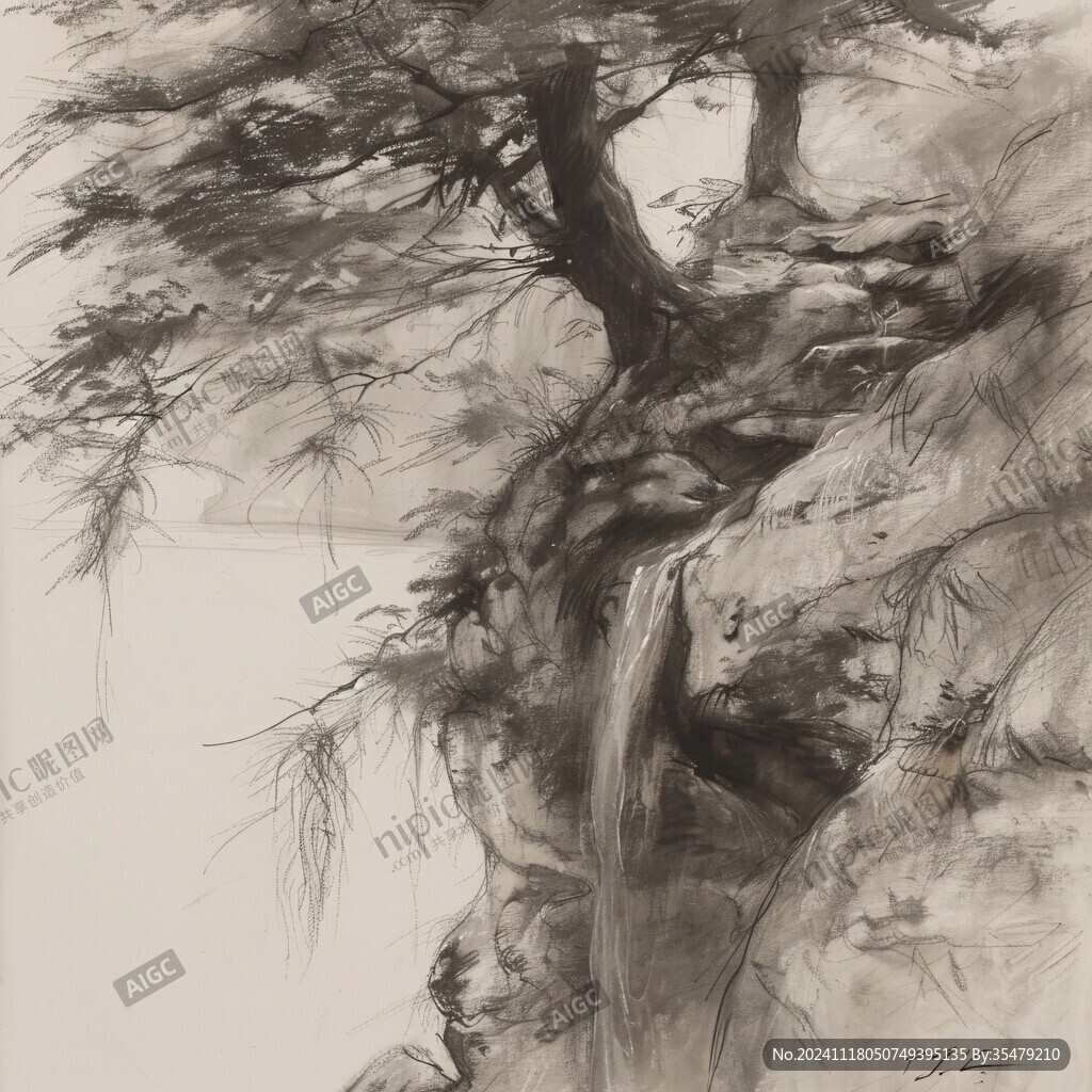 工筆畫古柏