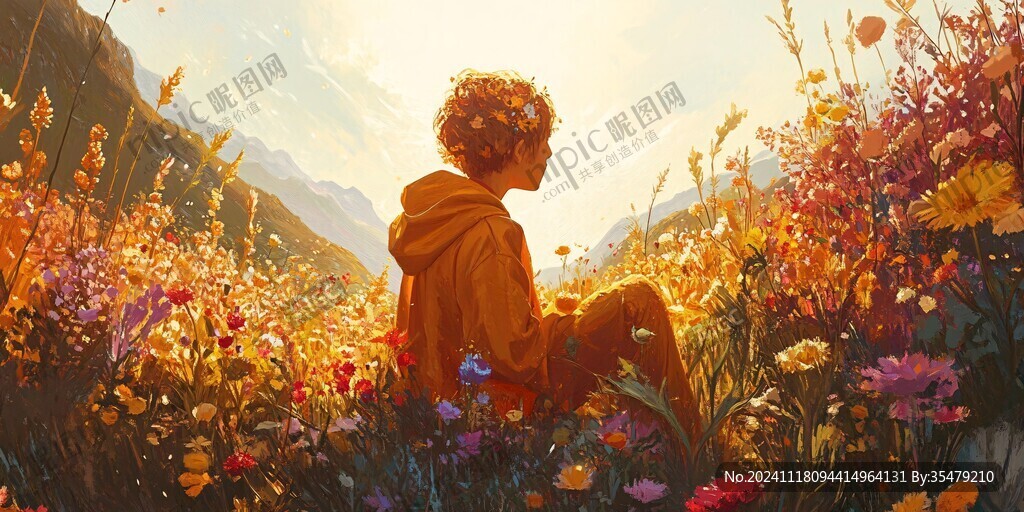 花叢中的男生背影
