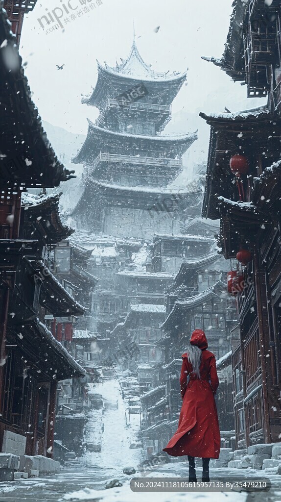 雪景古樓