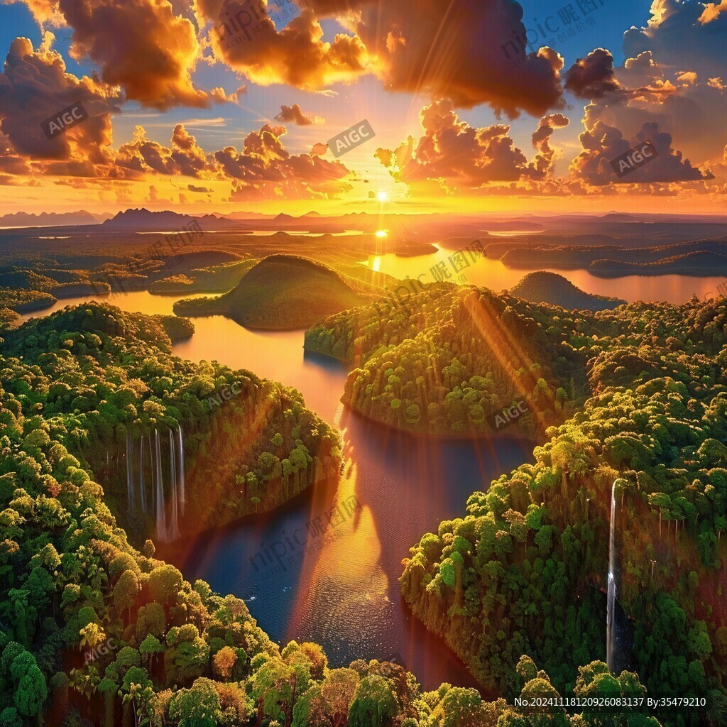 密林中的落日夕陽美景