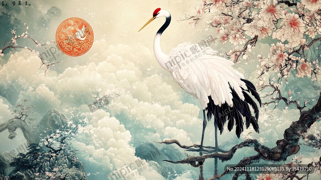 梅花仙鶴旭日東升