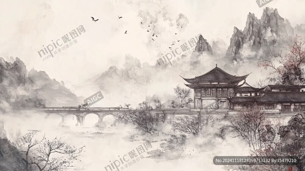 樓閣山水意境畫(huà)