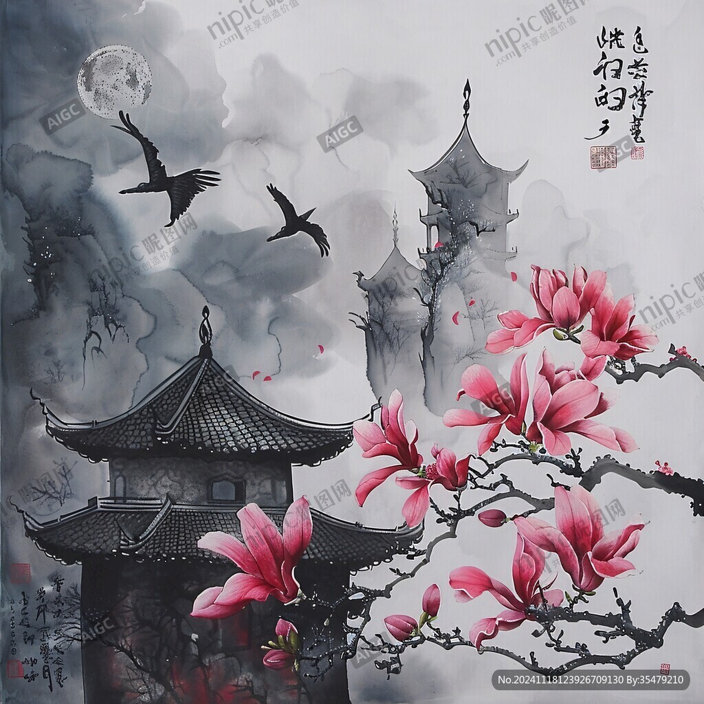 仙鶴樓閣背景墻手繪